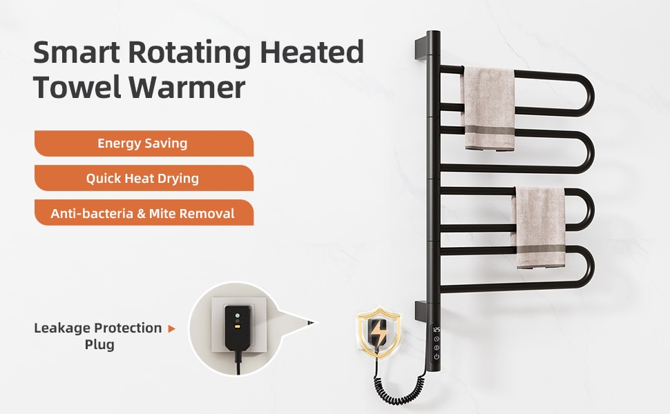 SIOYIE Electric Towel Warmer 180° Rotating Heated Towel Rack With 1-9H Timer 115℉-155℉,90W Wall-Mounted 5 Bars Electric Towel Rail, Concealed Installation,Towel Warmer For Bathroom Black_voghion.com